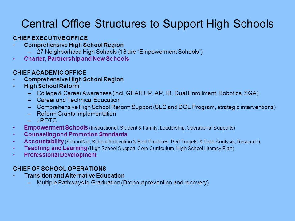 Central Office Structures to Support High Schools CHIEF EXECUTIVE OFFICE Comprehensive High School Region –27 Neighborhood High Schools (18 are Empowerment Schools ) Charter, Partnership and New Schools CHIEF ACADEMIC OFFICE Comprehensive High School Region High School Reform –College & Career Awareness (incl.