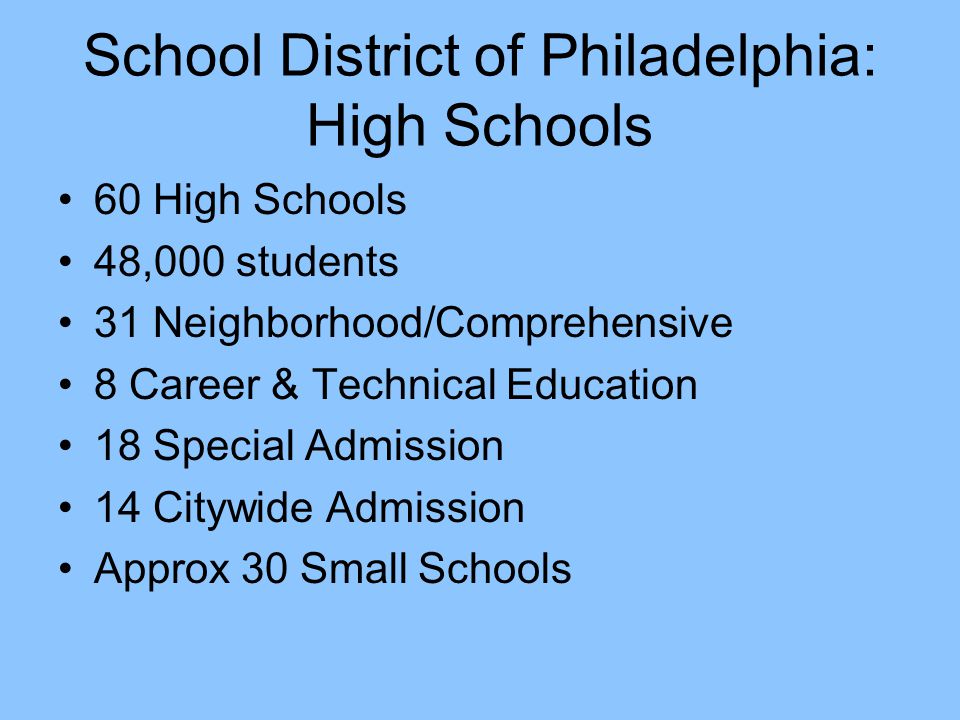 School District of Philadelphia: High Schools 60 High Schools 48,000 students 31 Neighborhood/Comprehensive 8 Career & Technical Education 18 Special Admission 14 Citywide Admission Approx 30 Small Schools
