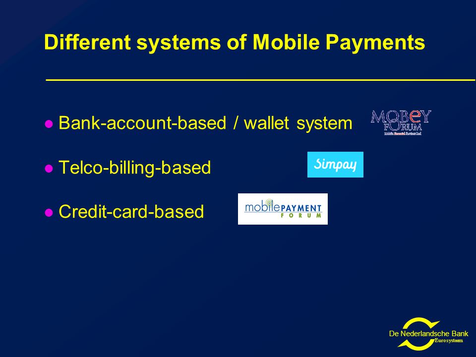 De Nederlandsche Bank Eurosysteem Different systems of Mobile Payments Bank-account-based / wallet system Telco-billing-based Credit-card-based