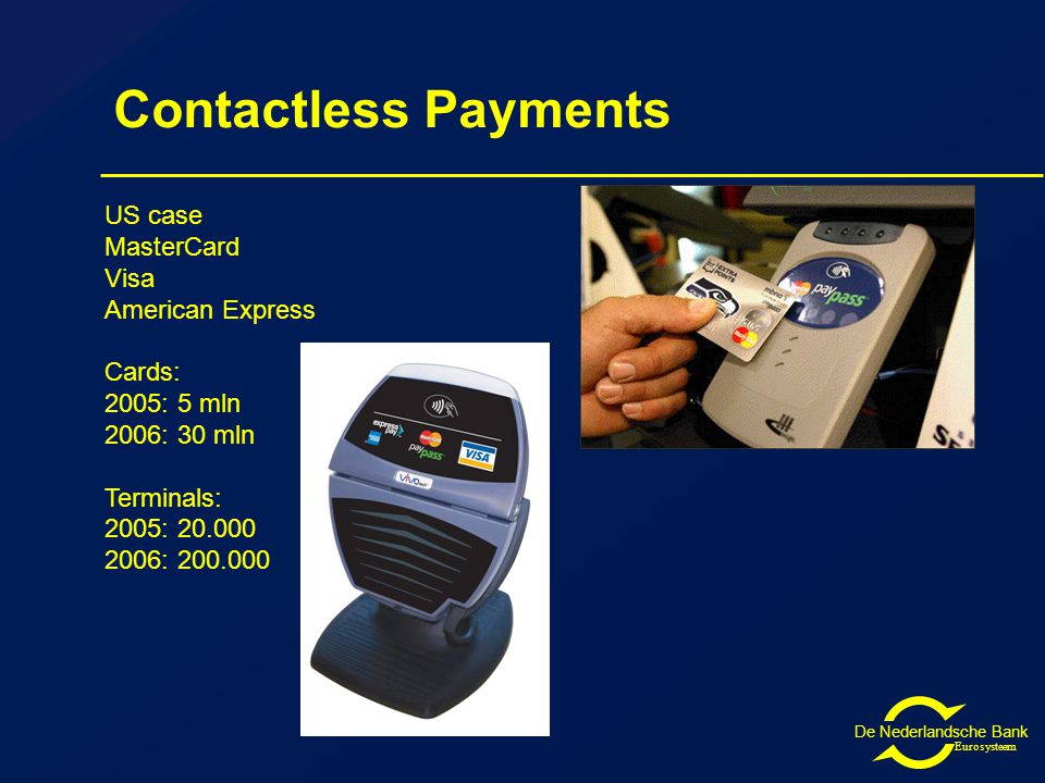 De Nederlandsche Bank Eurosysteem Contactless Payments US case MasterCard Visa American Express Cards: 2005: 5 mln 2006: 30 mln Terminals: 2005: :