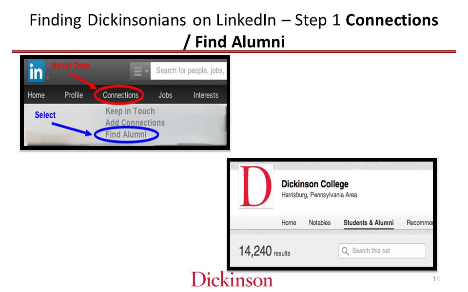 Finding Dickinsonians on LinkedIn – Step 1 Connections / Find Alumni 14
