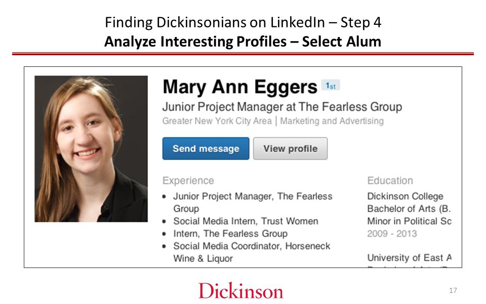 Finding Dickinsonians on LinkedIn – Step 4 Analyze Interesting Profiles – Select Alum 17