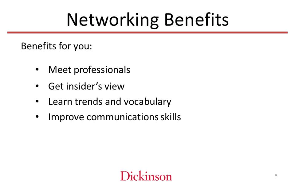 Networking Benefits Get insider’s view Learn trends and vocabulary Improve communications skills Benefits for you: Meet professionals 5