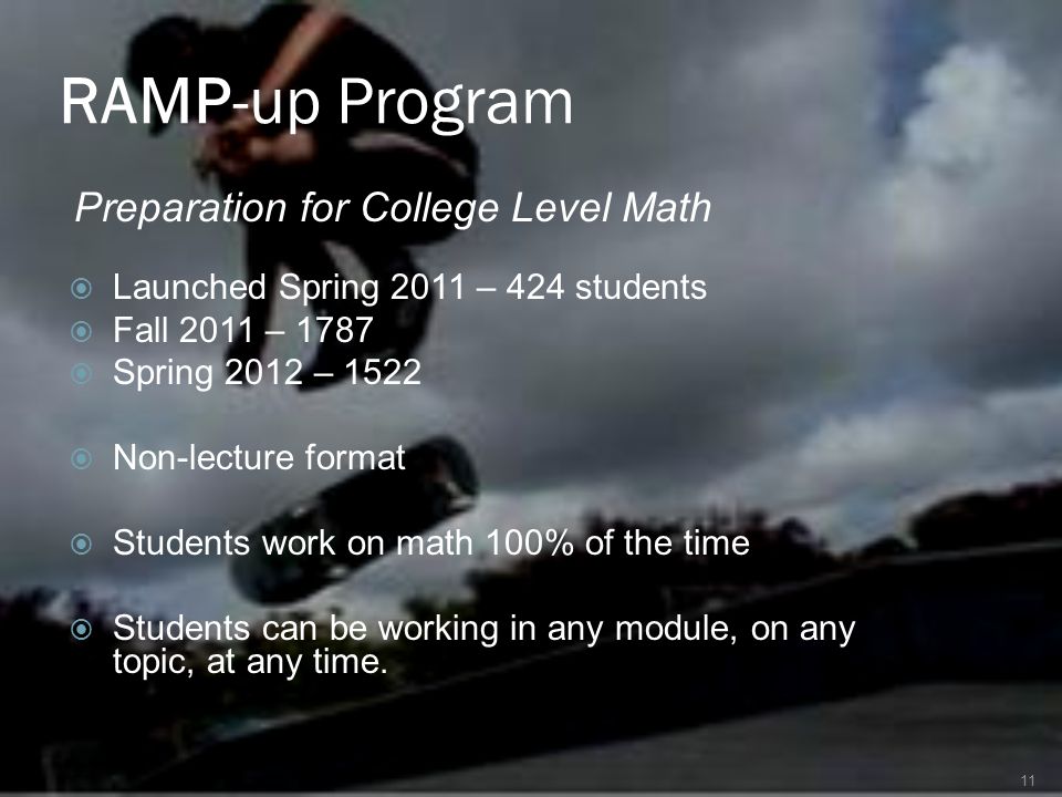 RAMP-up Program Preparation for College Level Math  Launched Spring 2011 – 424 students  Fall 2011 – 1787  Spring 2012 – 1522  Non-lecture format  Students work on math 100% of the time  Students can be working in any module, on any topic, at any time.