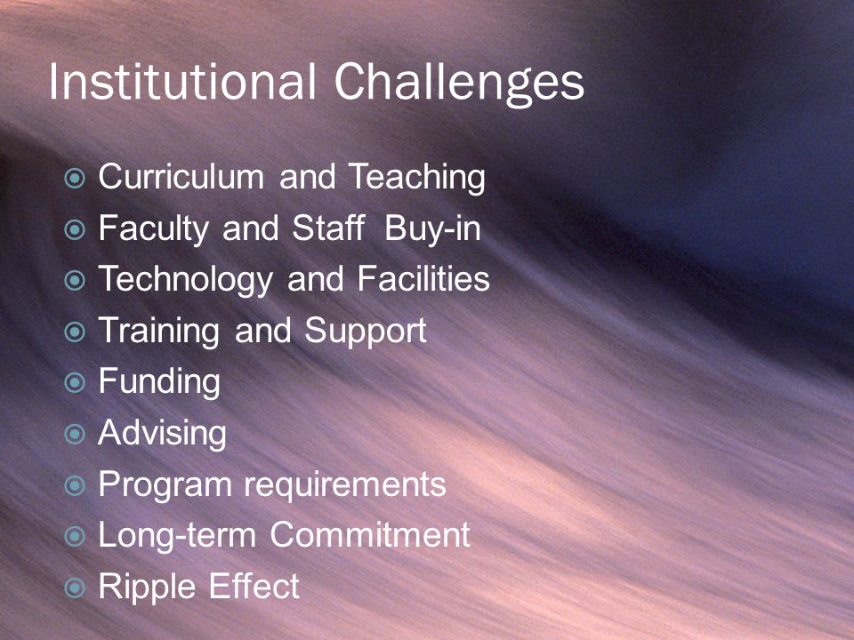 Institutional Challenges  Curriculum and Teaching  Faculty and Staff Buy-in  Technology and Facilities  Training and Support  Funding  Advising  Program requirements  Long-term Commitment  Ripple Effect 27