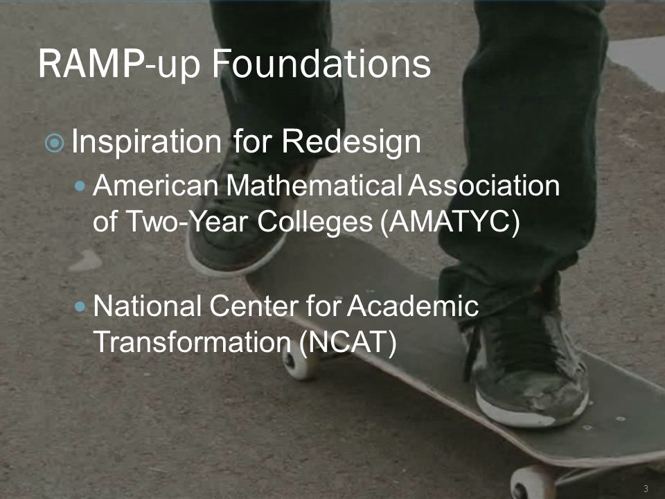 RAMP-up Foundations  Inspiration for Redesign American Mathematical Association of Two-Year Colleges (AMATYC) National Center for Academic Transformation (NCAT) 3