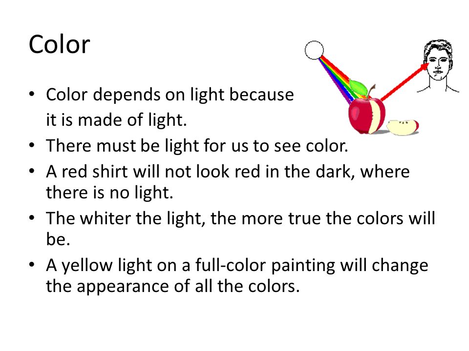 Color Color depends on light because it is made of light.