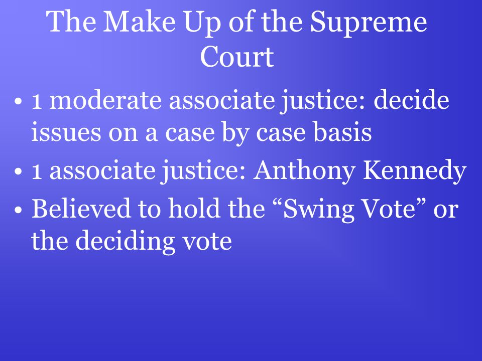 The Make Up of the Supreme Court 1 moderate associate justice: decide issues on a case by case basis 1 associate justice: Anthony Kennedy Believed to hold the Swing Vote or the deciding vote
