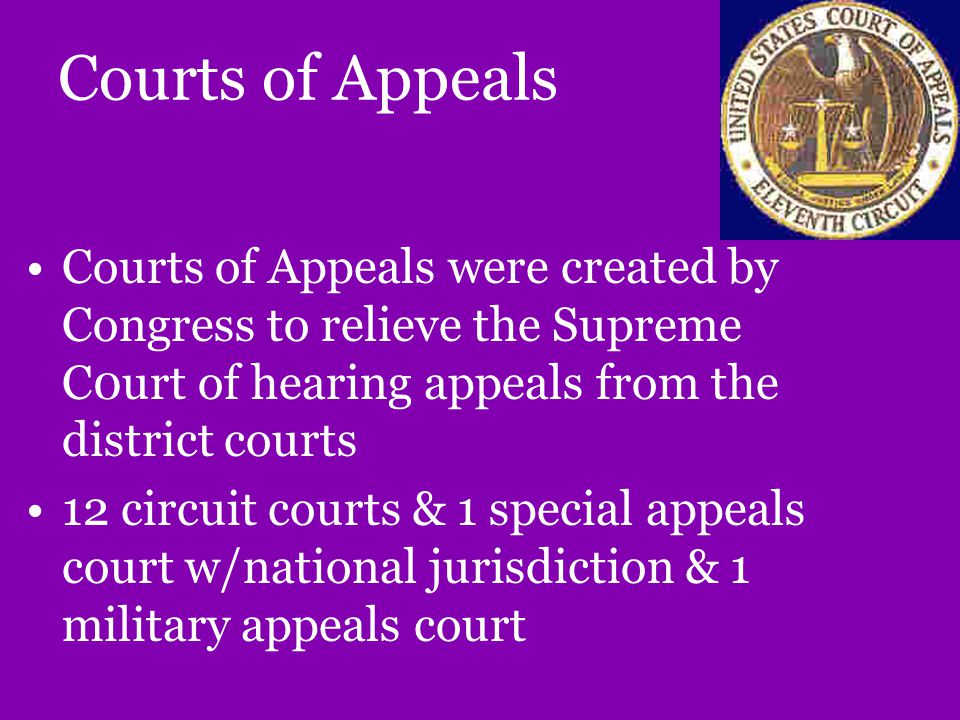 Courts of Appeals Courts of Appeals were created by Congress to relieve the Supreme C0urt of hearing appeals from the district courts 12 circuit courts & 1 special appeals court w/national jurisdiction & 1 military appeals court