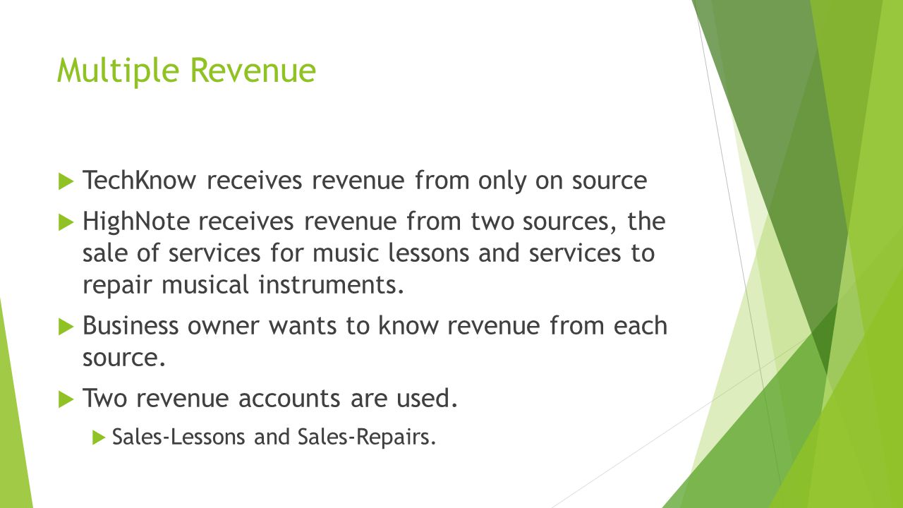 Multiple Revenue  TechKnow receives revenue from only on source  HighNote receives revenue from two sources, the sale of services for music lessons and services to repair musical instruments.
