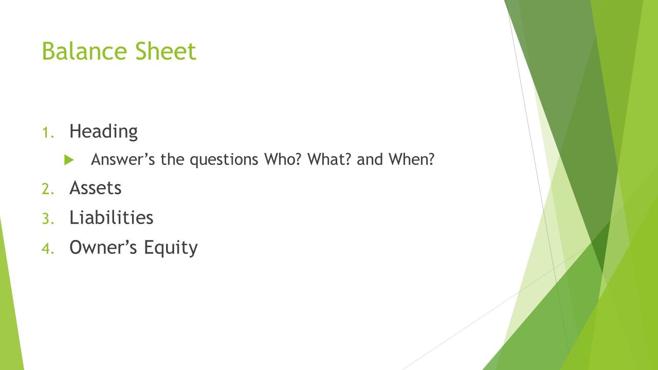 Balance Sheet 1. Heading  Answer’s the questions Who.