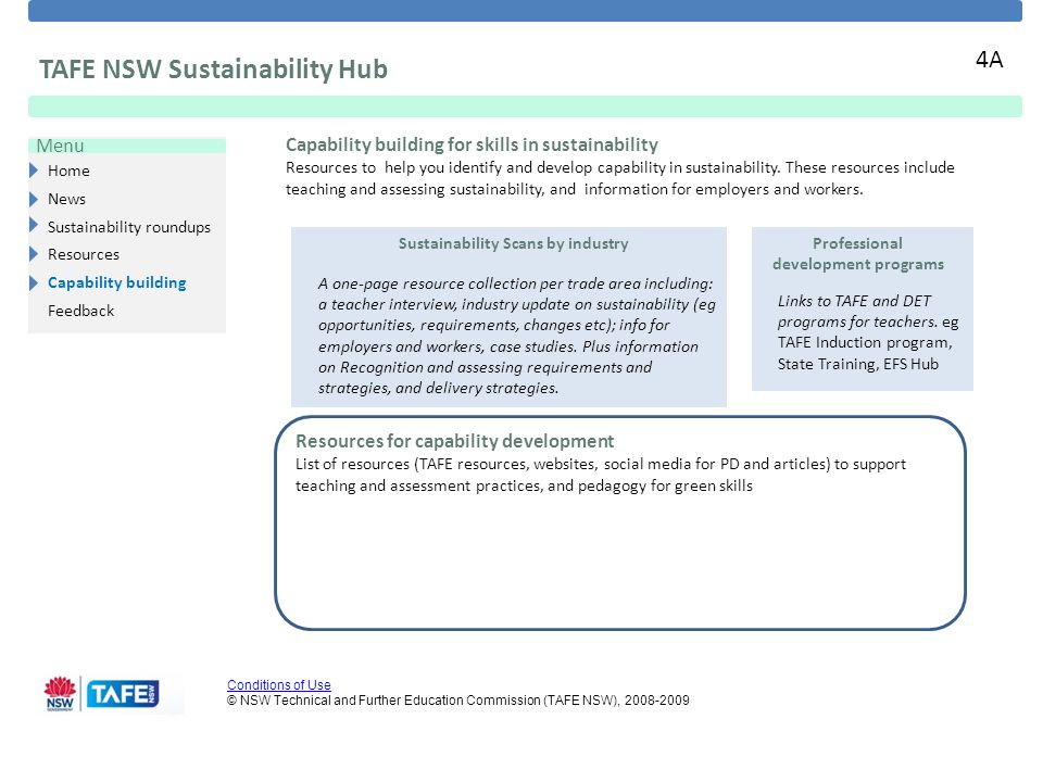 Home News Sustainability roundups Resources Capability building Feedback Menu Conditions of Use Conditions of Use © NSW Technical and Further Education Commission (TAFE NSW), Capability building for skills in sustainability Resources to help you identify and develop capability in sustainability.