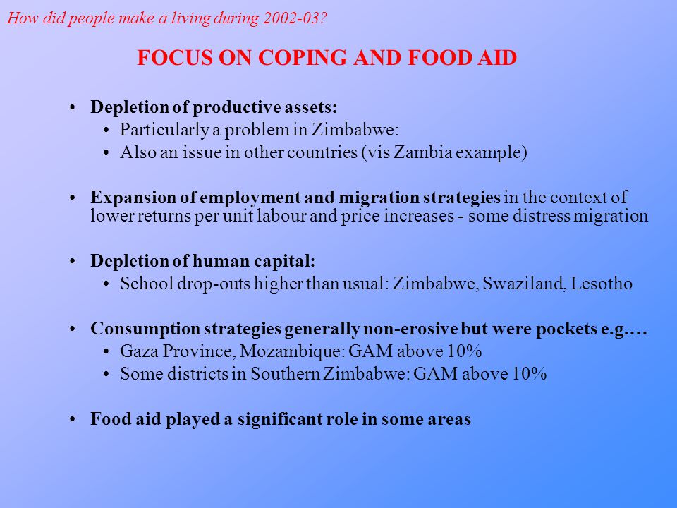 Depletion of productive assets: Particularly a problem in Zimbabwe: Also an issue in other countries (vis Zambia example) Expansion of employment and migration strategies in the context of lower returns per unit labour and price increases - some distress migration Depletion of human capital: School drop-outs higher than usual: Zimbabwe, Swaziland, Lesotho Consumption strategies generally non-erosive but were pockets e.g.… Gaza Province, Mozambique: GAM above 10% Some districts in Southern Zimbabwe: GAM above 10% Food aid played a significant role in some areas How did people make a living during