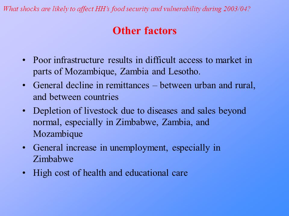 Other factors Poor infrastructure results in difficult access to market in parts of Mozambique, Zambia and Lesotho.