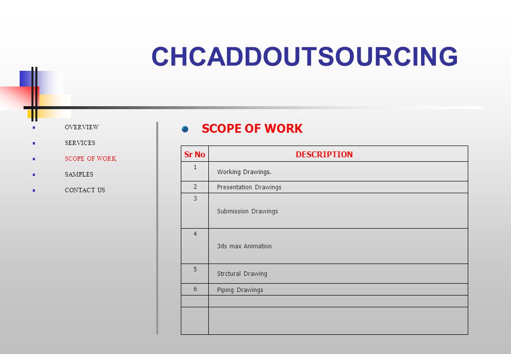 CHCADDOUTSOURCING OVERVIEW SERVICES SCOPE OF WORK SAMPLES CONTACT US Sr No DESCRIPTION Working Drawings.