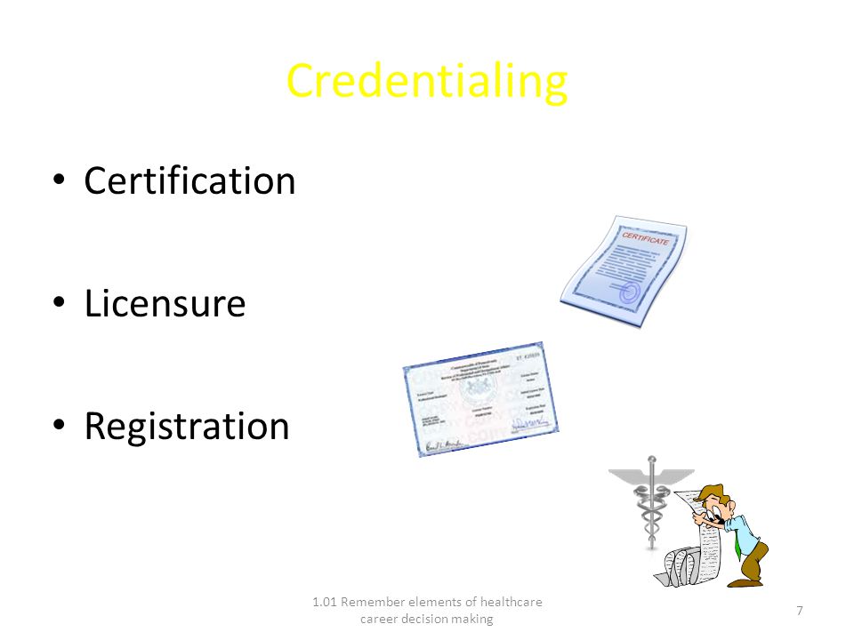 Credentialing Certification Licensure Registration 1.01 Remember elements of healthcare career decision making 7
