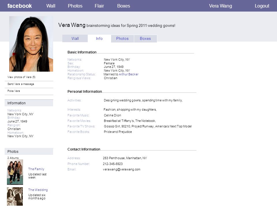Personal Information facebook Vera Wang brainstorming ideas for Spring 2011 wedding gowns.