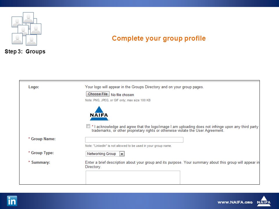 Step 3: Groups   Complete your group profile