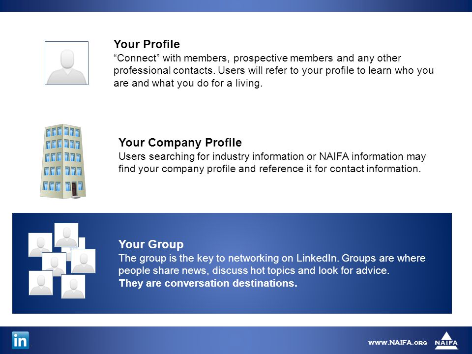 Your Profile Connect with members, prospective members and any other professional contacts.