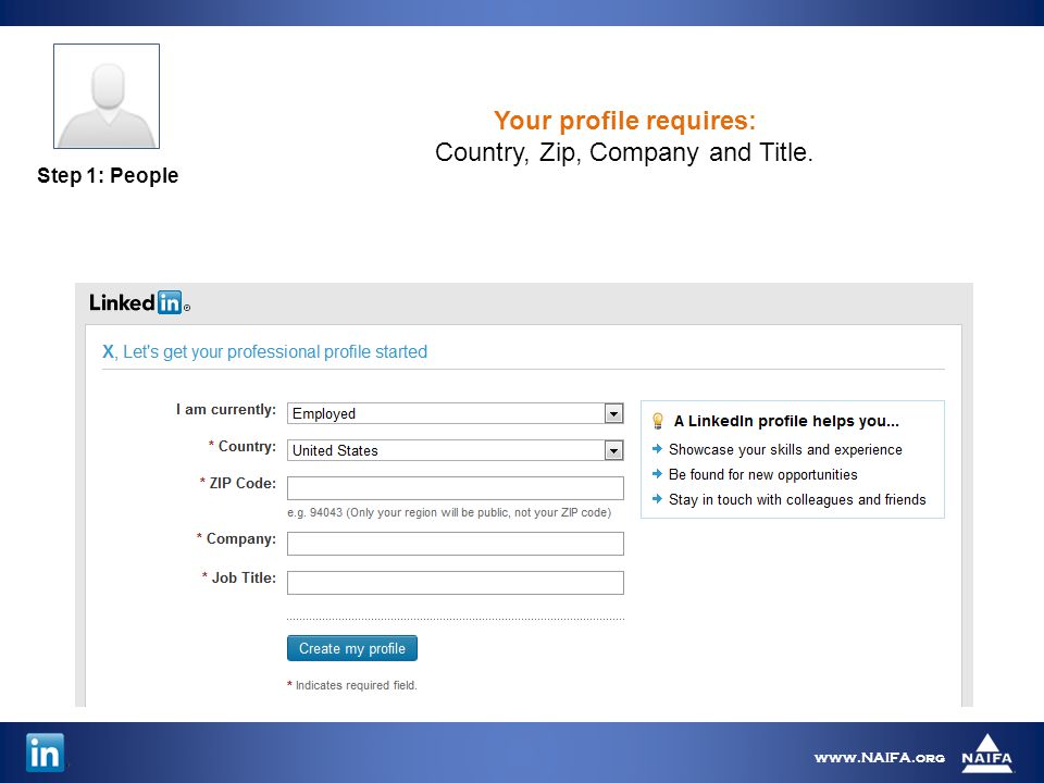 Step 1: People   Your profile requires: Country, Zip, Company and Title.