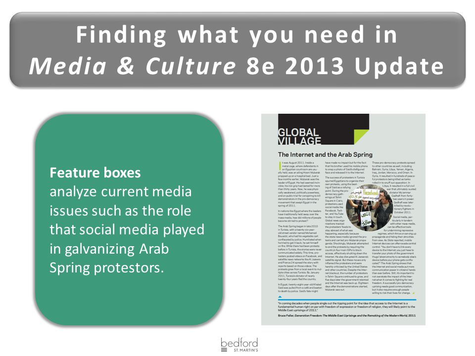 Feature boxes analyze current media issues such as the role that social media played in galvanizing Arab Spring protestors.