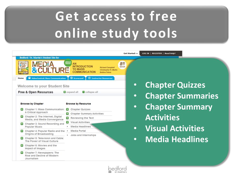 Get access to free online study tools Get access to free online study tools Chapter Quizzes Chapter Summaries Chapter Summary Activities Visual Activities Media Headlines