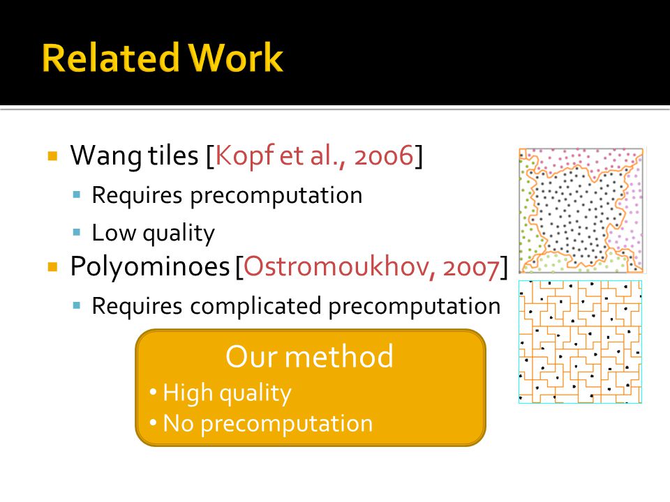  Wang tiles [Kopf et al., 2006]  Requires precomputation  Low quality  Polyominoes [Ostromoukhov, 2007]  Requires complicated precomputation Our method High quality No precomputation