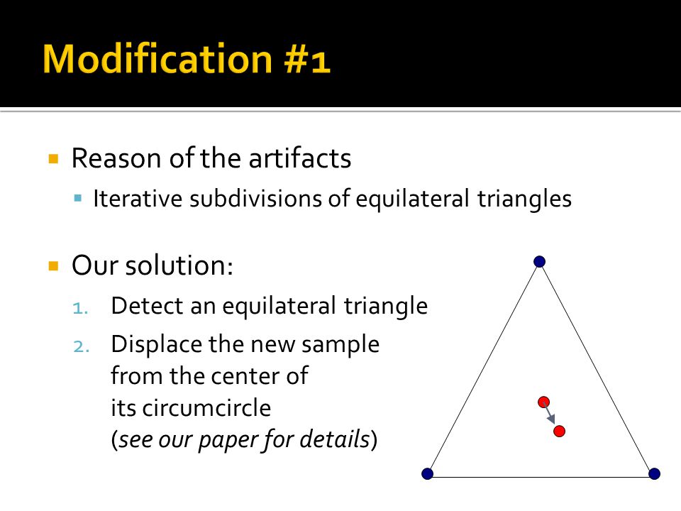  Reason of the artifacts  Iterative subdivisions of equilateral triangles  Our solution: 1.