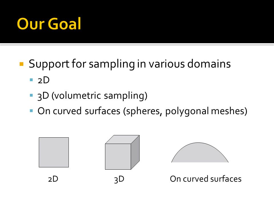  Support for sampling in various domains  2D  3D (volumetric sampling)  On curved surfaces (spheres, polygonal meshes) 2D3DOn curved surfaces