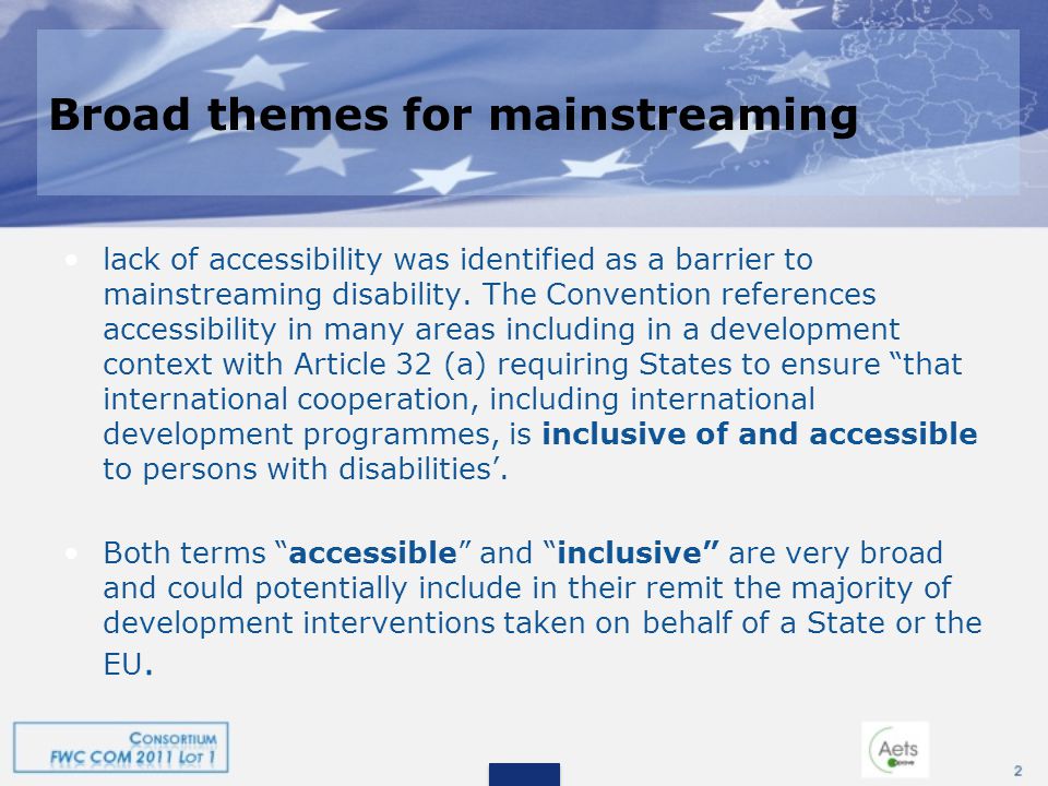 Broad themes for mainstreaming lack of accessibility was identified as a barrier to mainstreaming disability.