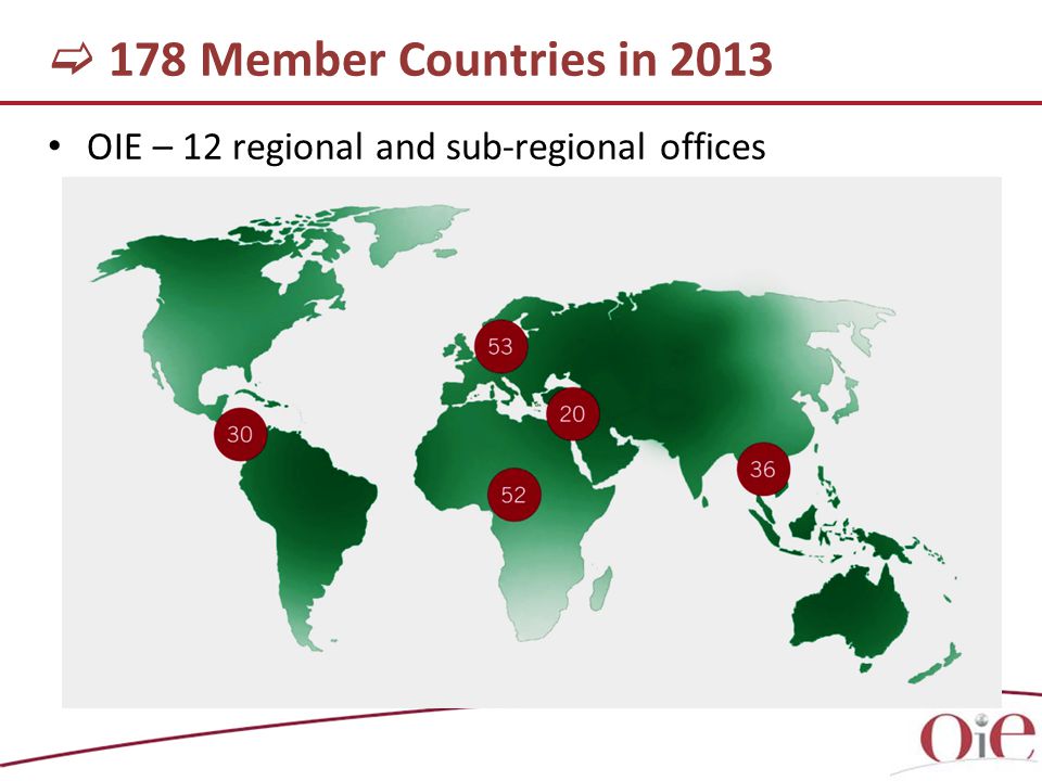   178 Member Countries in 2013 OIE – 12 regional and sub-regional offices