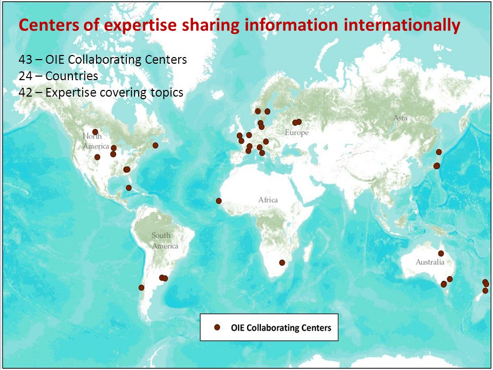 Centers of expertise sharing information internationally 43 – OIE Collaborating Centers 24 – Countries 42 – Expertise covering topics