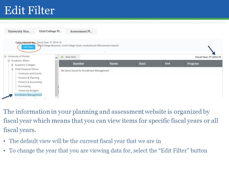 Edit Filter The information in your planning and assessment website is organized by fiscal year which means that you can view items for specific fiscal years or all fiscal years.