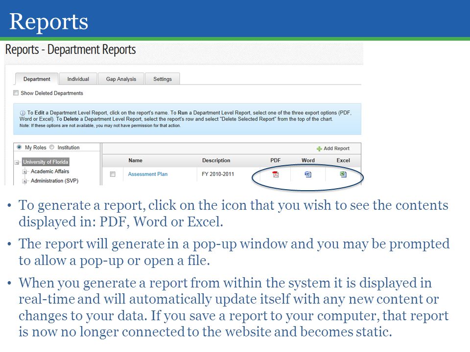 Reports To generate a report, click on the icon that you wish to see the contents displayed in: PDF, Word or Excel.
