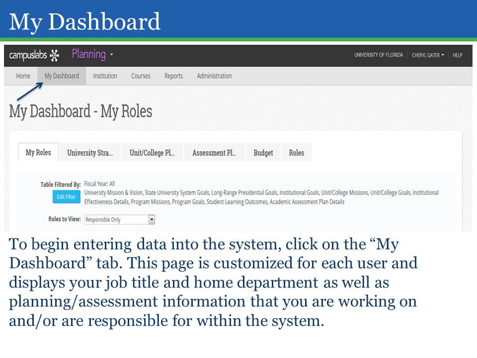 My Dashboard To begin entering data into the system, click on the My Dashboard tab.
