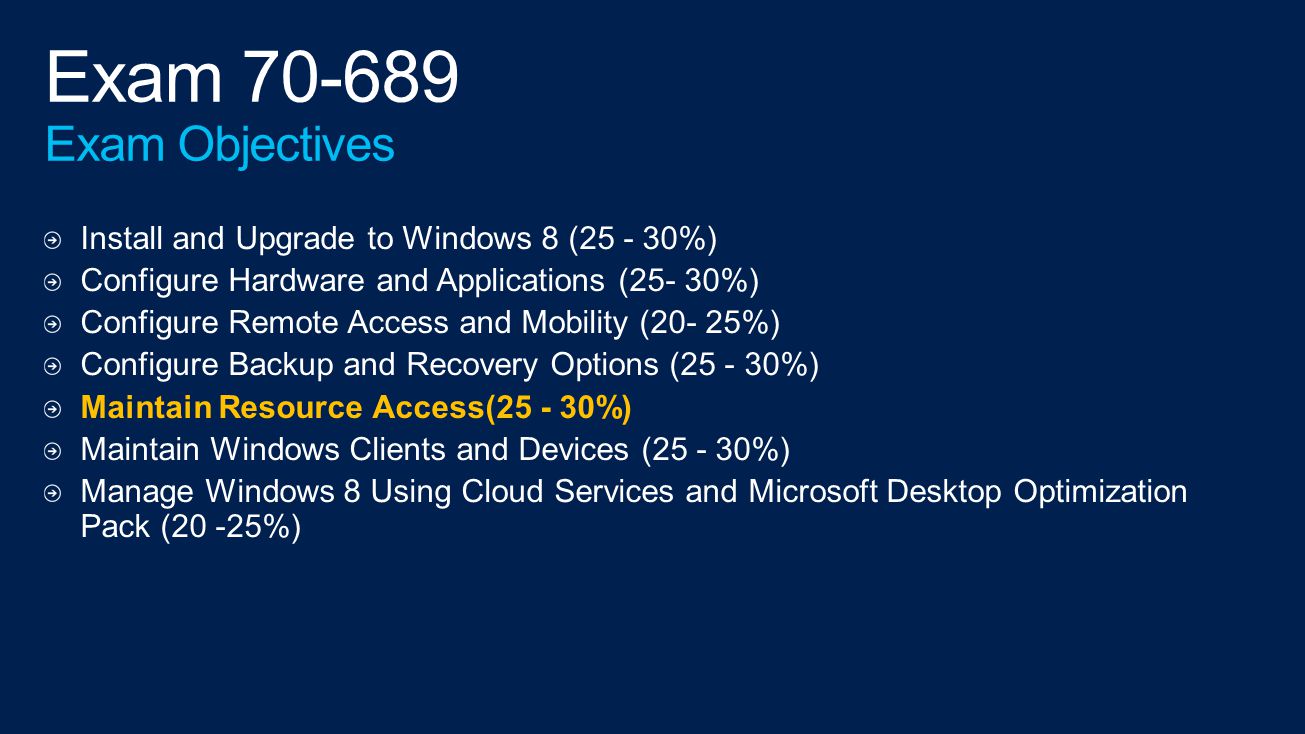 Install and Upgrade to Windows 8 ( %) Configure Hardware and Applications (25- 30%) Configure Remote Access and Mobility (20- 25%) Configure Backup and Recovery Options ( %) Maintain Resource Access( %) Maintain Windows Clients and Devices ( %) Manage Windows 8 Using Cloud Services and Microsoft Desktop Optimization Pack (20 -25%)