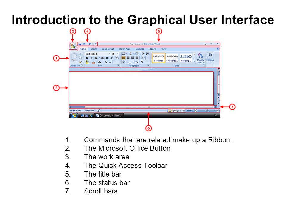 Introduction to the Graphical User Interface 1.Commands that are related make up a Ribbon.