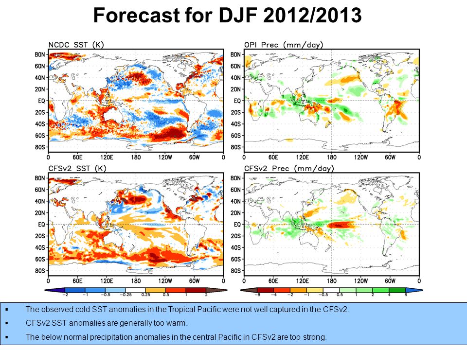 17 Forecast for DJF 2012/2013  The observed cold SST anomalies in the Tropical Pacific were not well captured in the CFSv2.