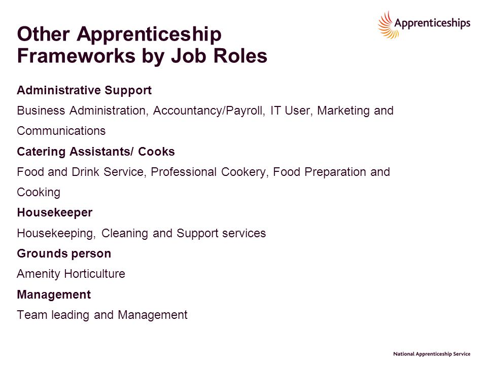 Other Apprenticeship Frameworks by Job Roles Administrative Support Business Administration, Accountancy/Payroll, IT User, Marketing and Communications Catering Assistants/ Cooks Food and Drink Service, Professional Cookery, Food Preparation and Cooking Housekeeper Housekeeping, Cleaning and Support services Grounds person Amenity Horticulture Management Team leading and Management