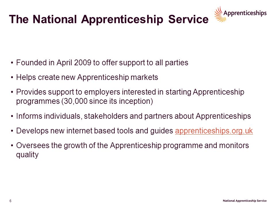 6 The National Apprenticeship Service Founded in April 2009 to offer support to all parties Helps create new Apprenticeship markets Provides support to employers interested in starting Apprenticeship programmes (30,000 since its inception) Informs individuals, stakeholders and partners about Apprenticeships Develops new internet based tools and guides apprenticeships.org.ukapprenticeships.org.uk Oversees the growth of the Apprenticeship programme and monitors quality