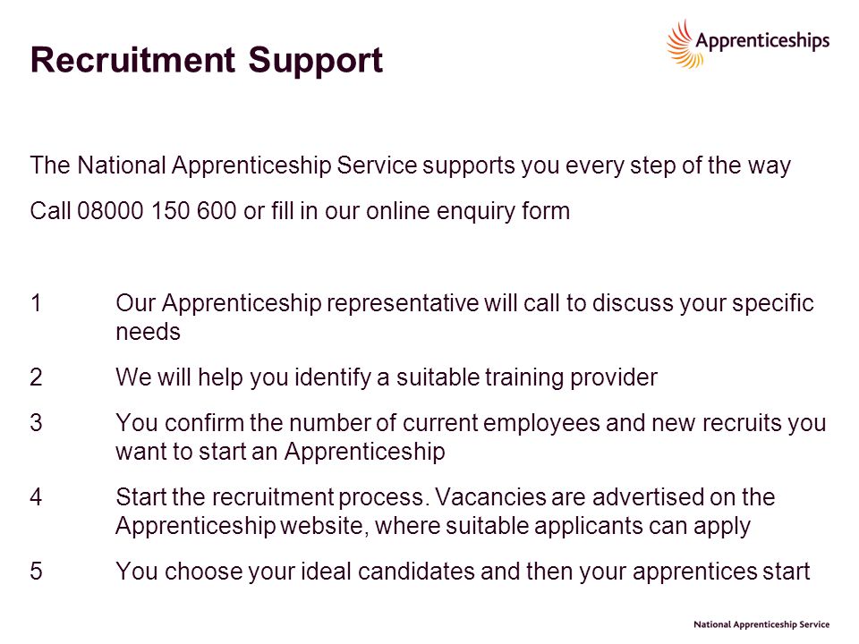 Recruitment Support The National Apprenticeship Service supports you every step of the way Call or fill in our online enquiry form 1 Our Apprenticeship representative will call to discuss your specific needs 2 We will help you identify a suitable training provider 3 You confirm the number of current employees and new recruits you want to start an Apprenticeship 4 Start the recruitment process.