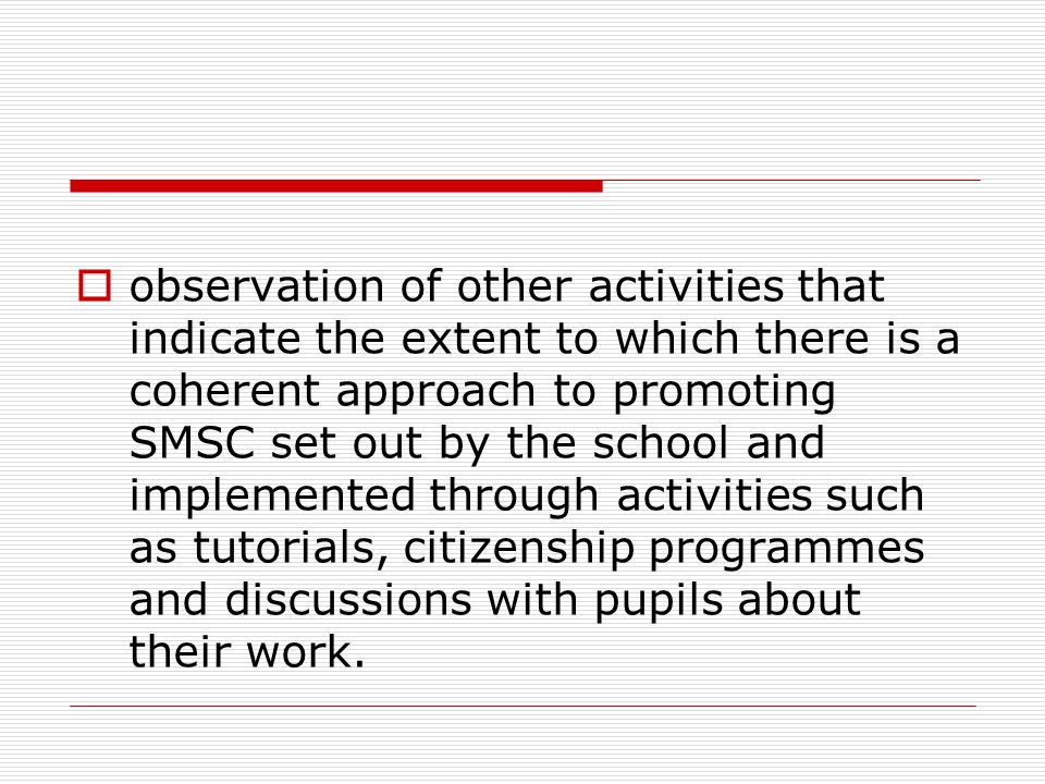  observation of other activities that indicate the extent to which there is a coherent approach to promoting SMSC set out by the school and implemented through activities such as tutorials, citizenship programmes and discussions with pupils about their work.