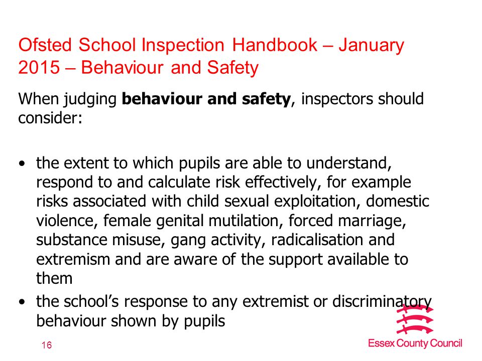 Ofsted School Inspection Handbook – January 2015 – Behaviour and Safety When judging behaviour and safety, inspectors should consider: the extent to which pupils are able to understand, respond to and calculate risk effectively, for example risks associated with child sexual exploitation, domestic violence, female genital mutilation, forced marriage, substance misuse, gang activity, radicalisation and extremism and are aware of the support available to them the school’s response to any extremist or discriminatory behaviour shown by pupils 16