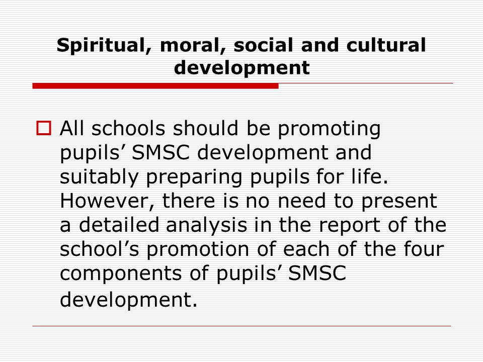 Spiritual, moral, social and cultural development  All schools should be promoting pupils’ SMSC development and suitably preparing pupils for life.