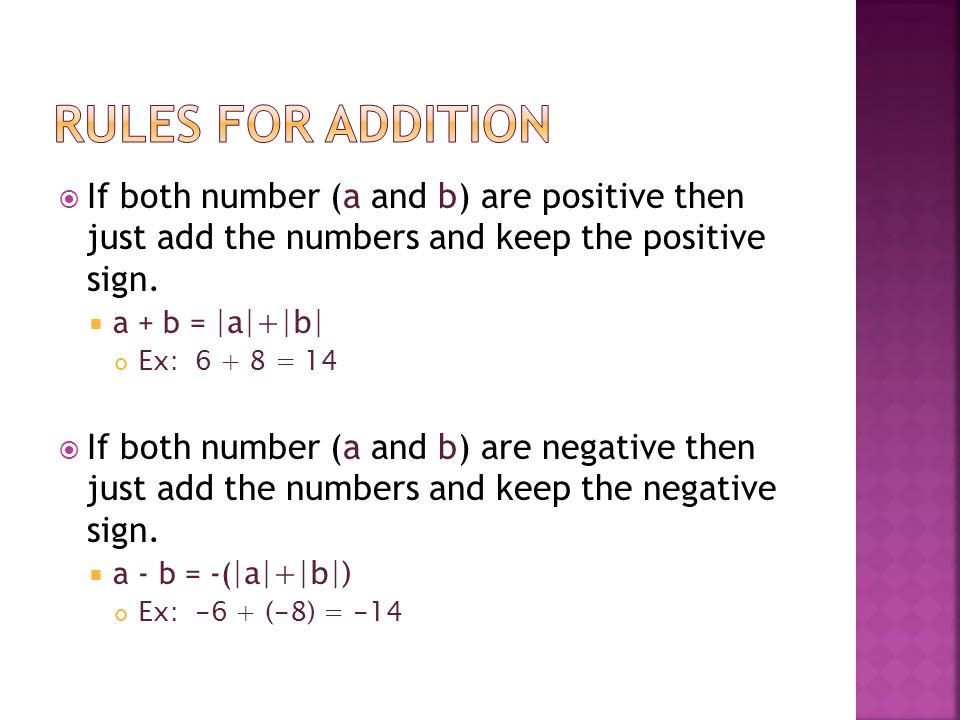  If both number (a and b) are positive then just add the numbers and keep the positive sign.