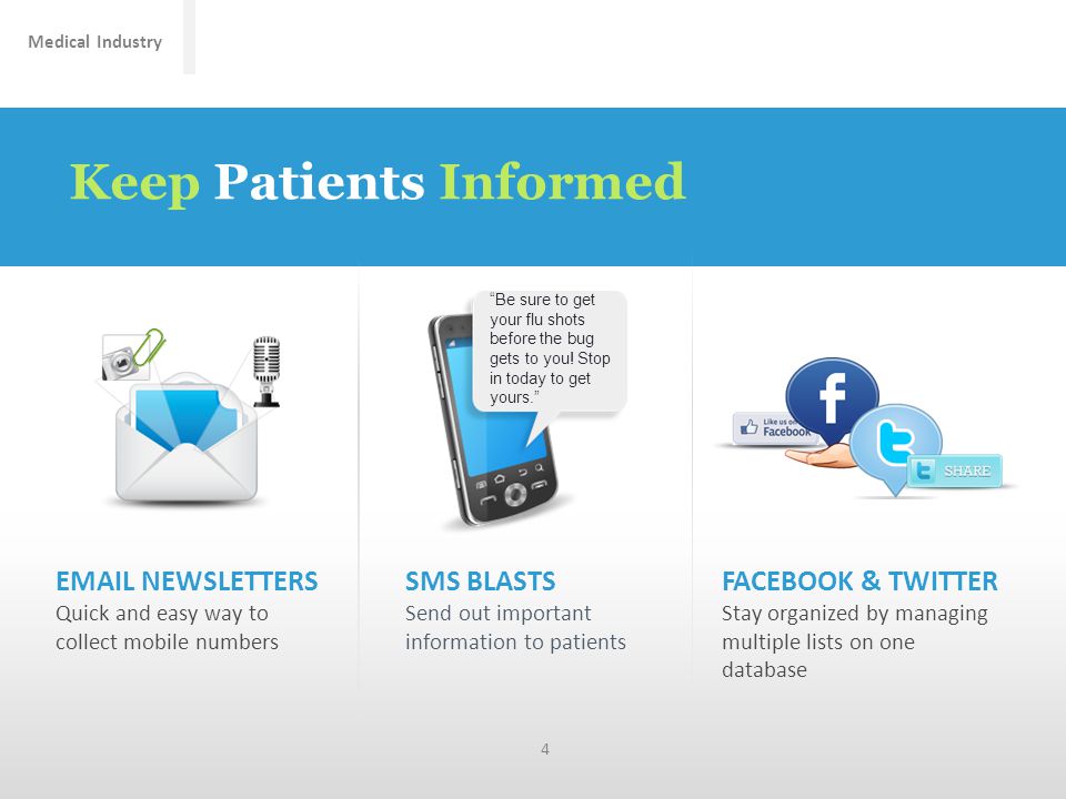 Medical Industry Keep Patients Informed 4 SMS BLASTS Send out important information to patients FACEBOOK & TWITTER Stay organized by managing multiple lists on one database  NEWSLETTERS Quick and easy way to collect mobile numbers Be sure to get your flu shots before the bug gets to you.