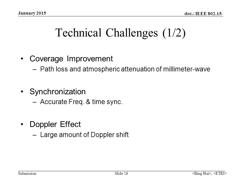 doc.: IEEE Submission Technical Challenges (1/2) Coverage Improvement –Path loss and atmospheric attenuation of millimeter-wave Synchronization –Accurate Freq.
