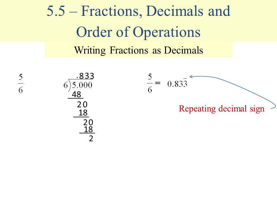 Order of Operations 5.5 – Fractions, Decimals and Writing Fractions as Decimals 8.
