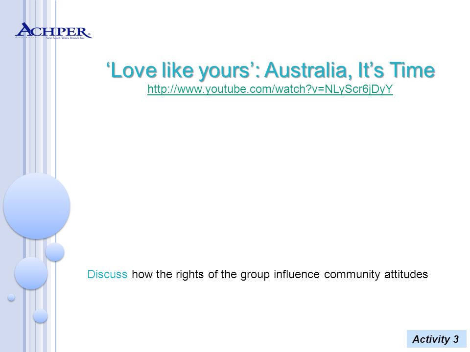 ‘Love like yours’: Australia, It’s Time ‘Love like yours’: Australia, It’s Time   v=NLyScr6jDyY   v=NLyScr6jDyY Discuss how the rights of the group influence community attitudes Activity 3