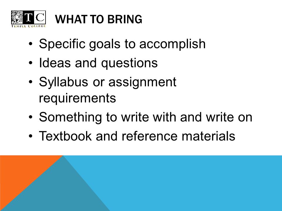 WHAT TO BRING Specific goals to accomplish Ideas and questions Syllabus or assignment requirements Something to write with and write on Textbook and reference materials